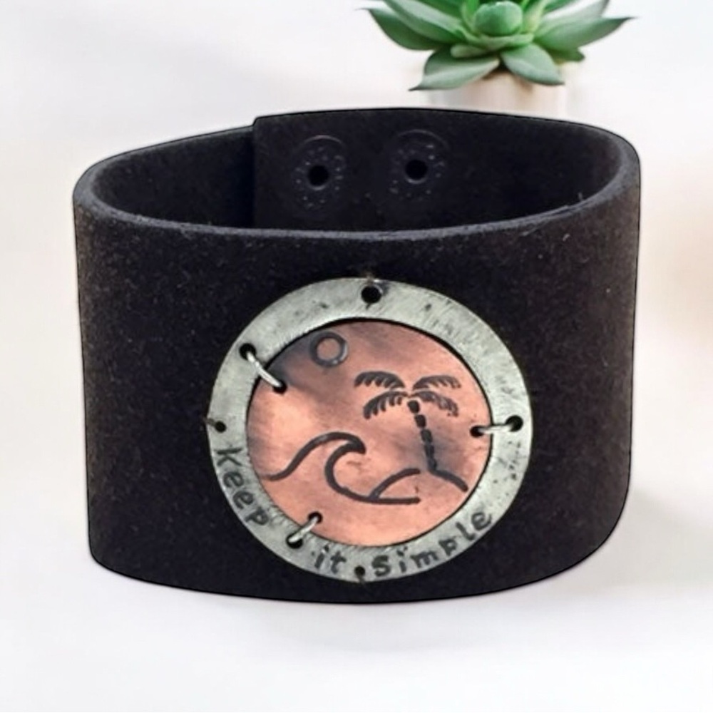 Handmade Copper " Keep It Simple " Palm Tree Brown Leather Bracelet